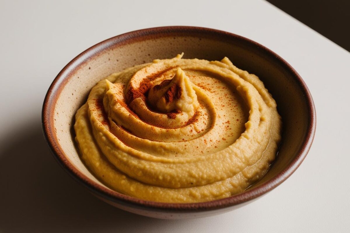 Houmous maison saupoudré de paprika, dans un bol