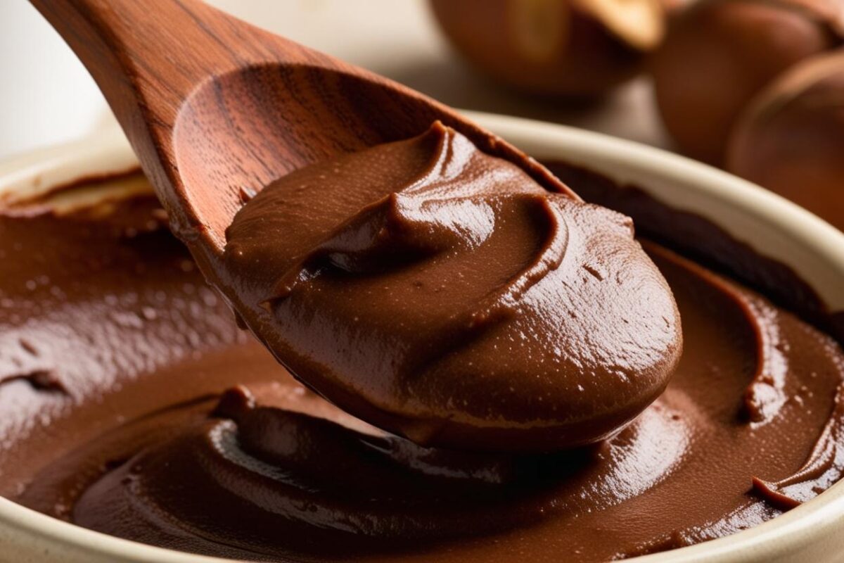 Crème de marron au chocolat dans un bol, sur une cuillère en bois