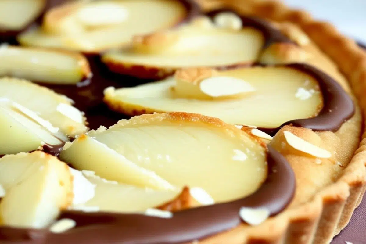 Tarte aux poires et au chocolat, avec des amandes effilées