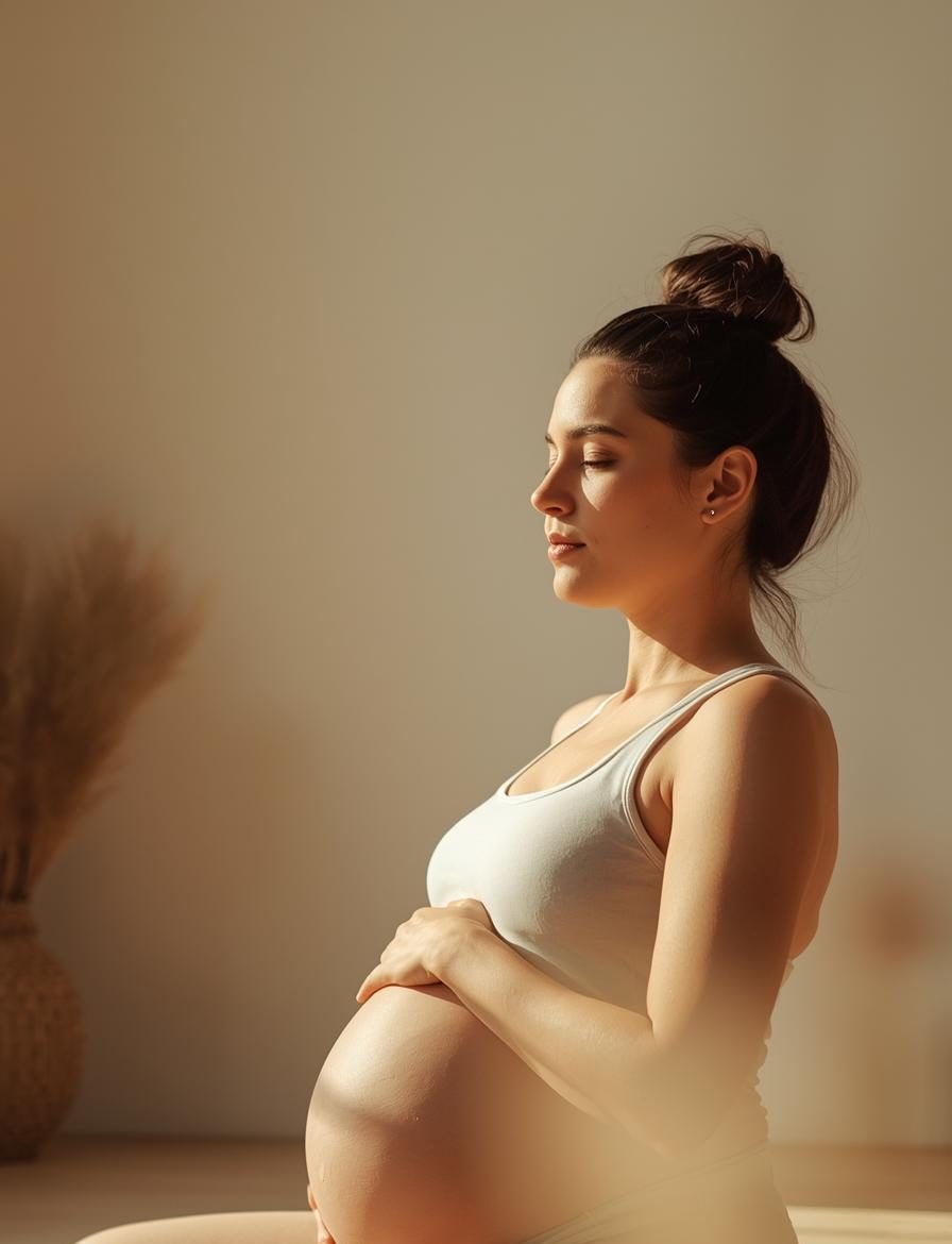 Femme enceinte en méditation, mains posées sur son ventre, dans une lumière douce